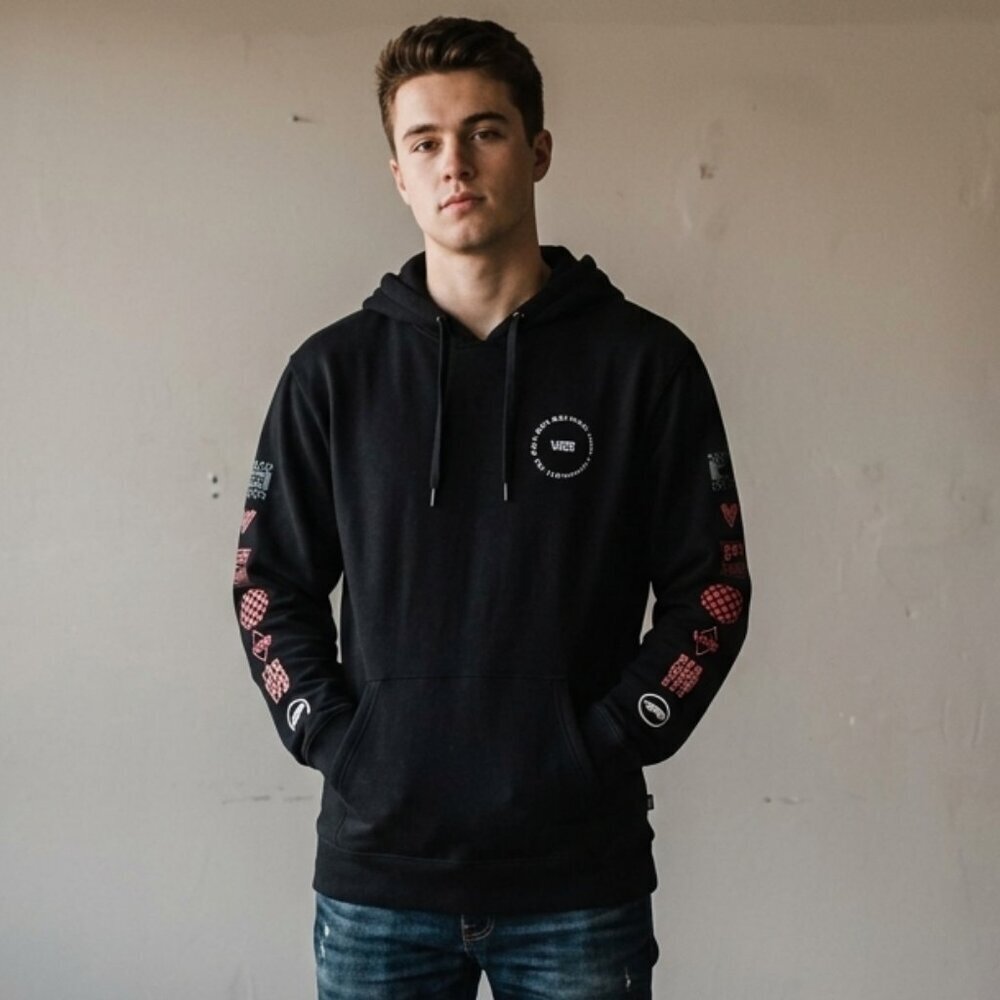 Vans Black Crestline Logo Unisex Hoodie With Colourful Sleeve Decal